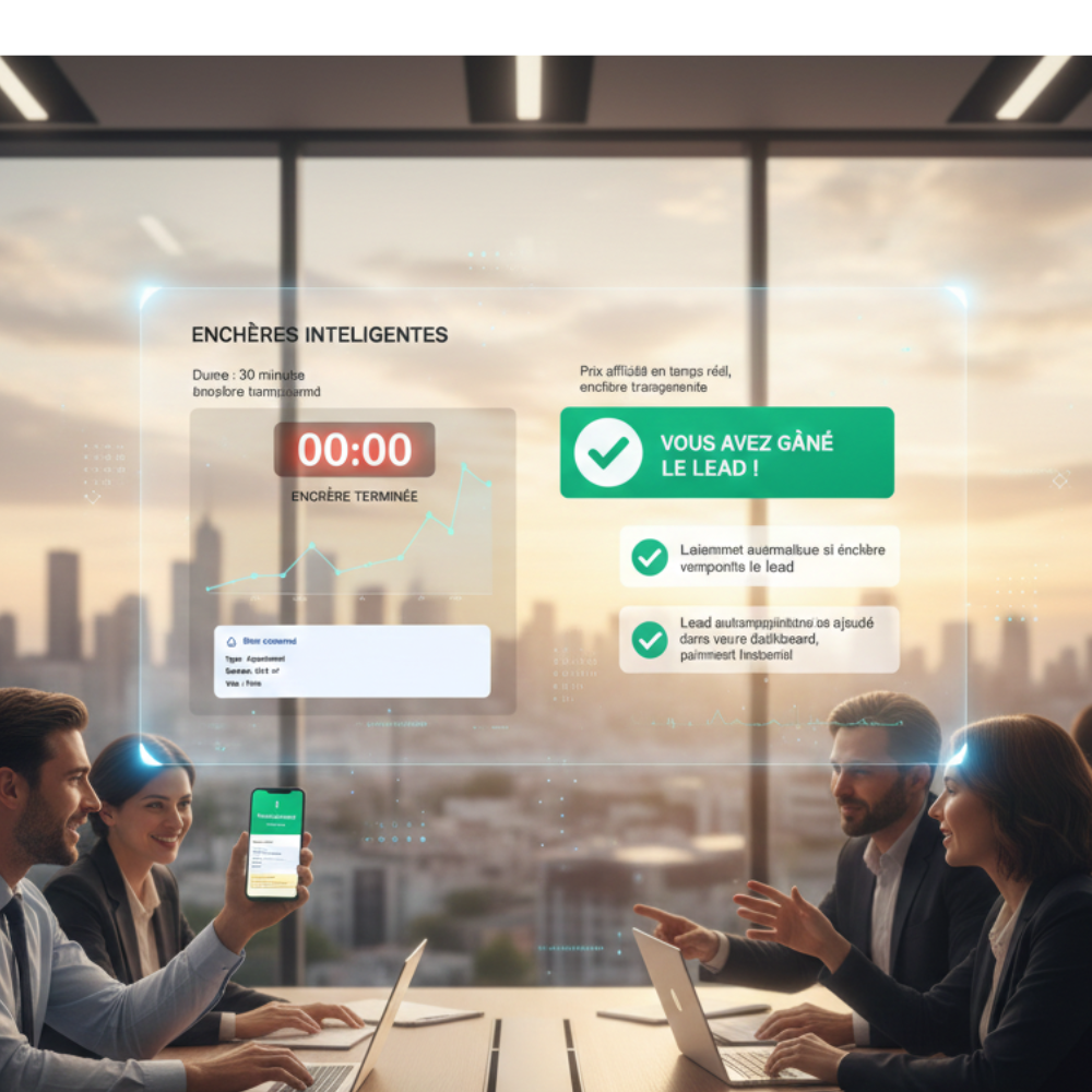 Système enchères équitable 30 minutes - Attribution leads immobiliers transparente